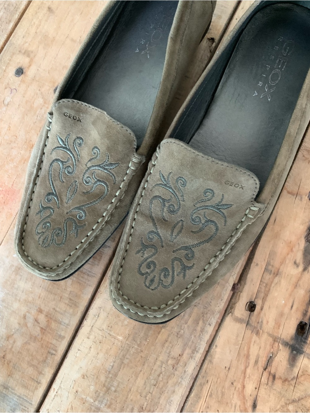 Geox Olive Green Suede Slip-On Loafers with Embroidered Detail